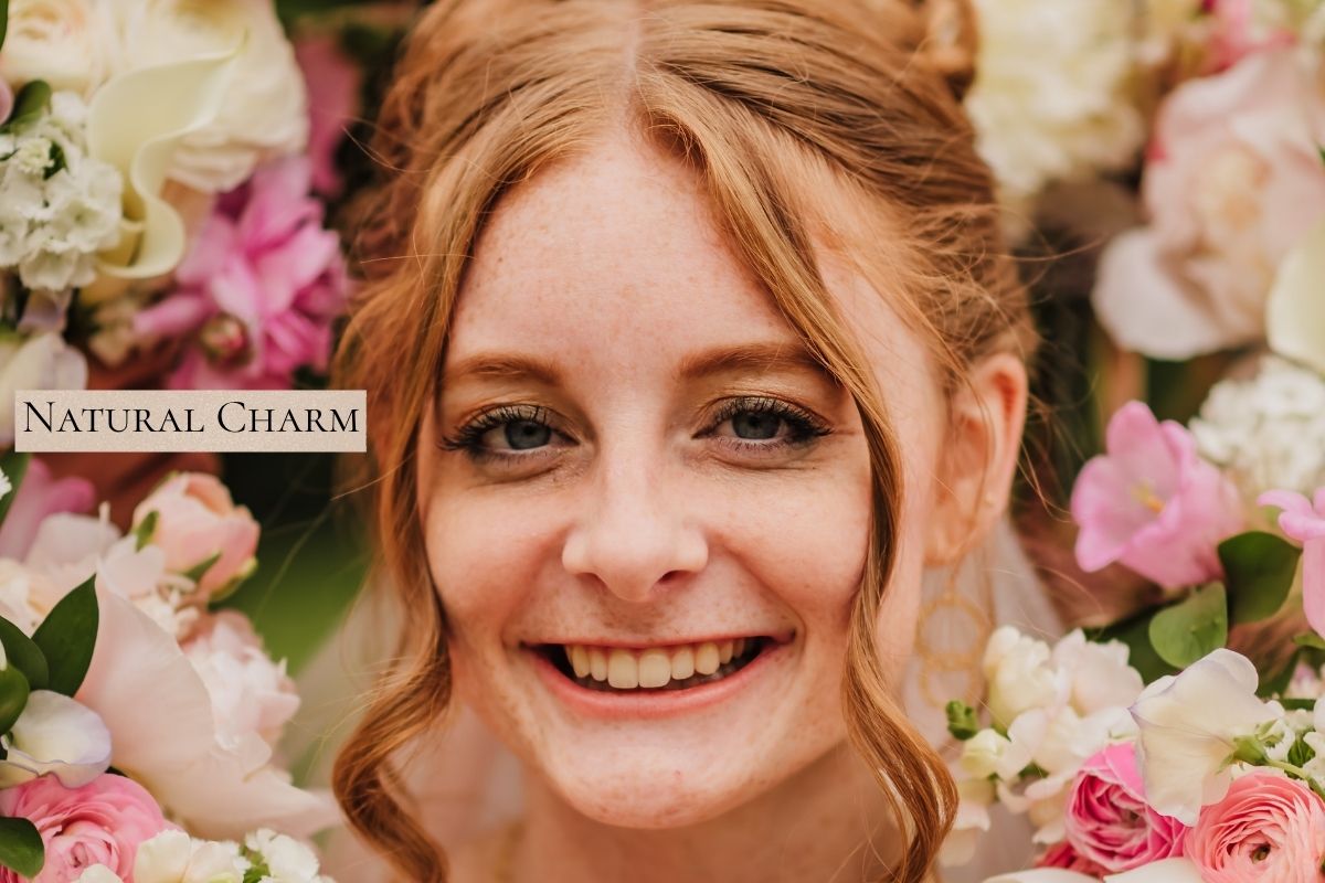 Bride's smiling face framed by a ring of bridesmaids and flowers